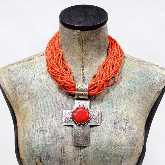 VTG 90's Large Beaded Silver Brass Cross Necklace - Picture 1 of 4